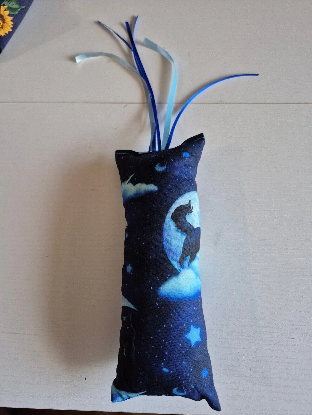 Black cat in moon Cat-nip cat kicker toy stuffed w/ fluff & ribbons for fur baby